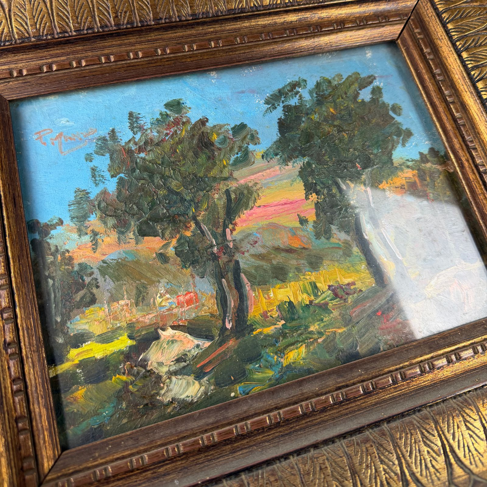 Antiek ingelijst impressionistisch Italiaans landschapsschilderij, olieverf op doek photo Kunst