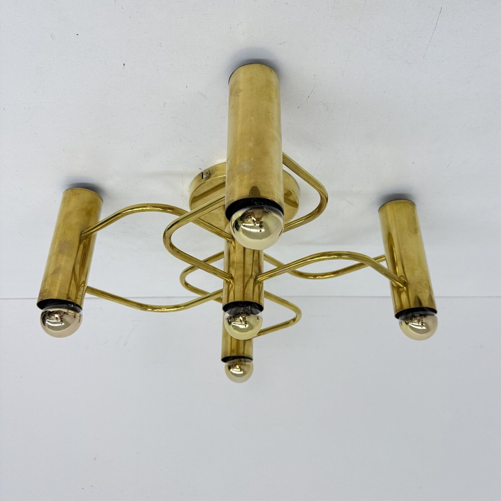 Vintage Mid Century Modern Brass Ceiling Lamp Leola Flushmount By Sciolari, Germany, 1970s