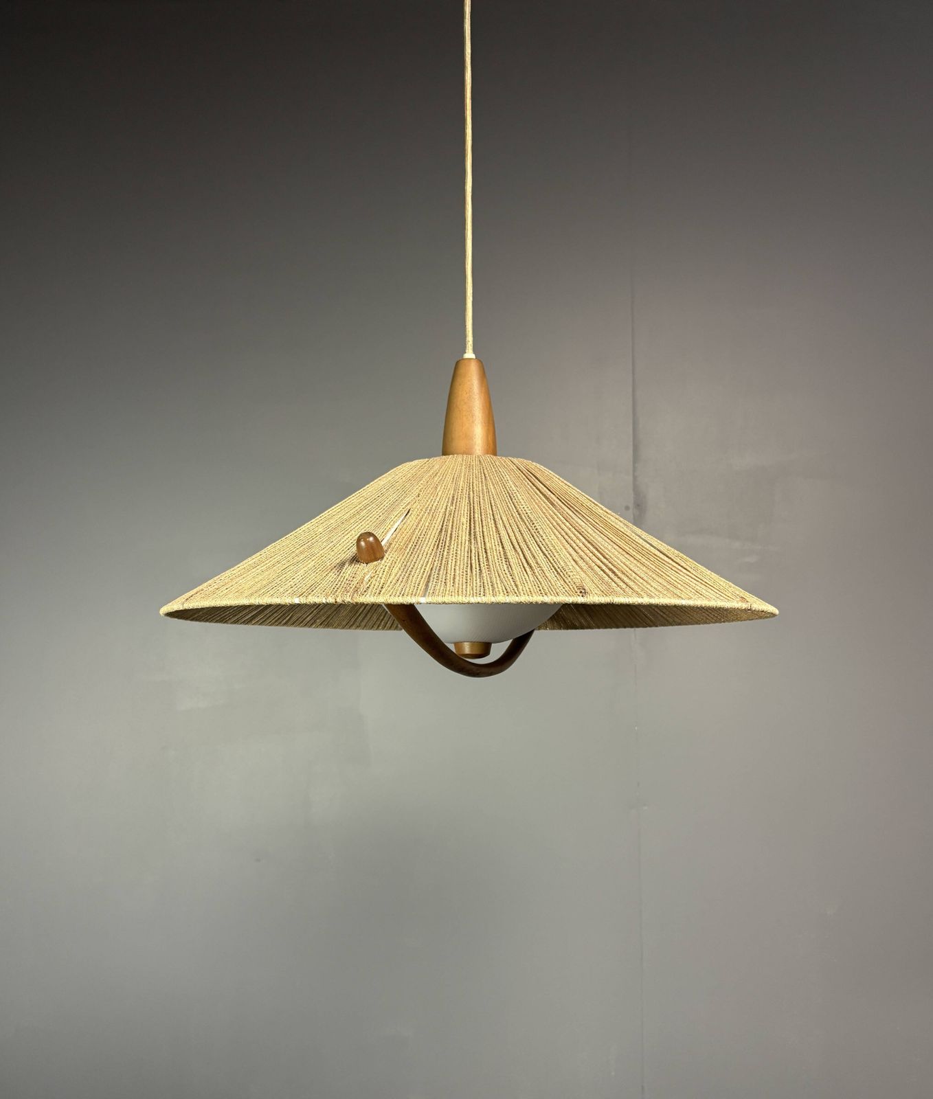 Large Mid Century Teak And Sisal Cord Hanging Pendant Lamp, 1960s photo 901.0
