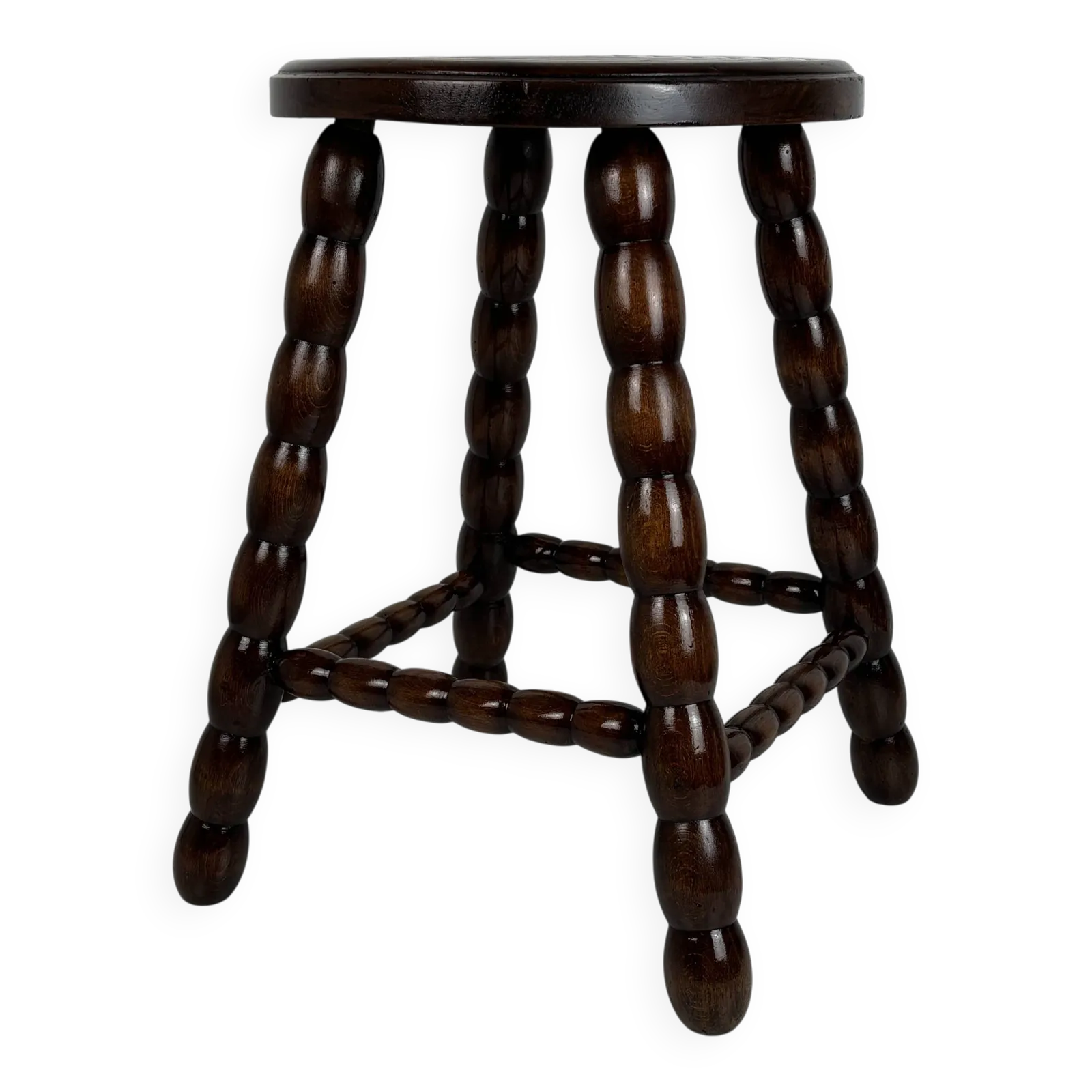 Tabouret mid-century en bois à pieds tournés, dans le style de Charles Dudouyt, France, années 1950 photo furniture