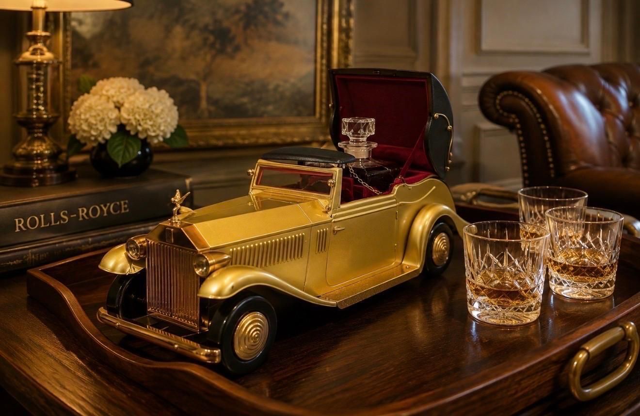 Luxe Muzikale Rolls Royce Barware Set Antiek Kristallen Karaf & 4 Shotglazen photo furniture