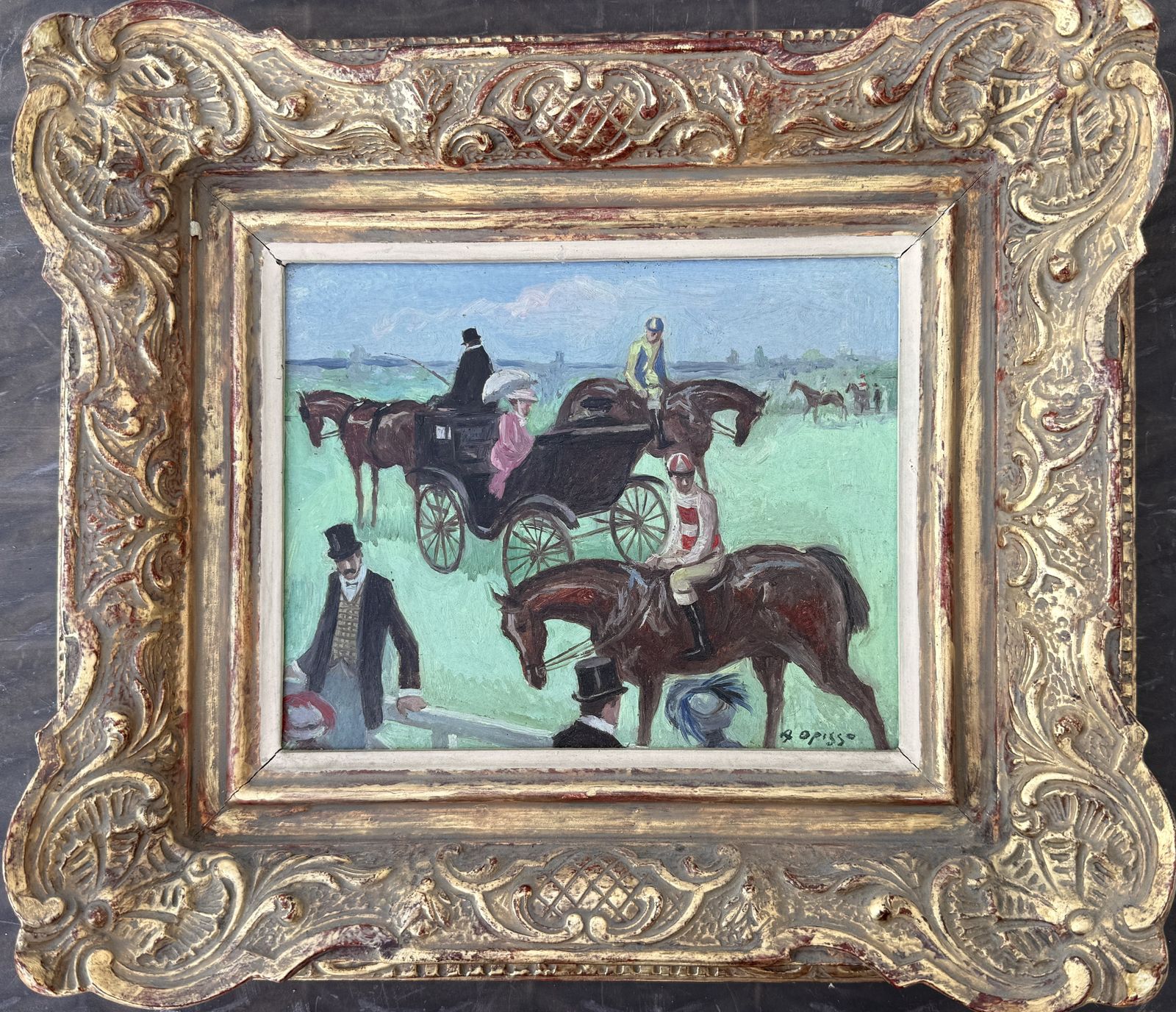 Peinture à l'huile équestre moderne espagnole avec jockeys et chevaux de calèche, Alfredo Opisso, 1970