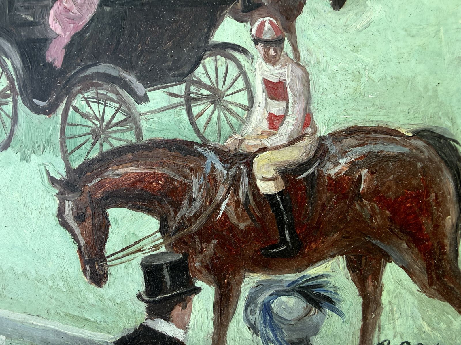Peinture à l'huile équestre moderne espagnole avec jockeys et chevaux de calèche, Alfredo Opisso, 1970 photo Art