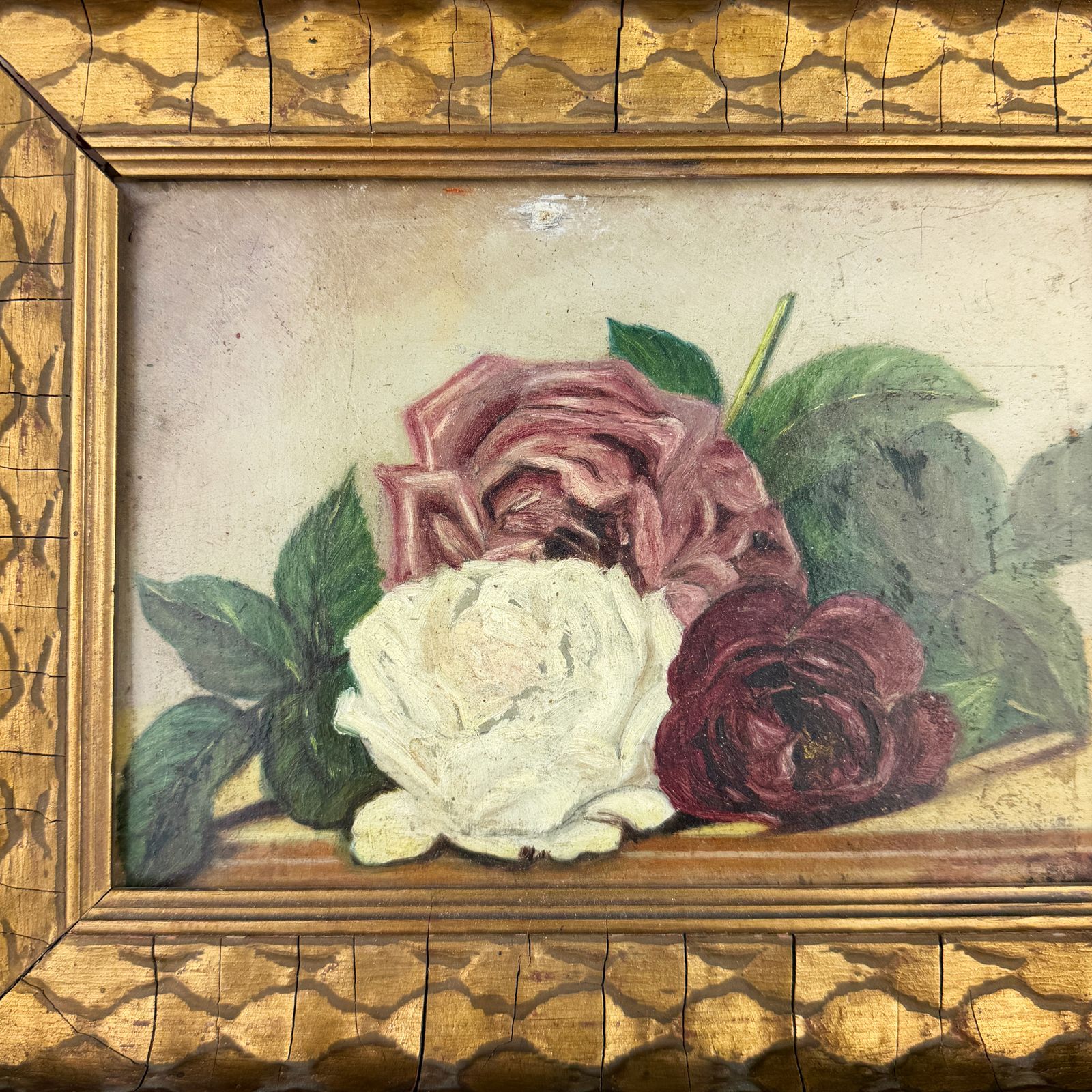 Antique Framed Painting, Original Floral Oil On Panel photo for sale