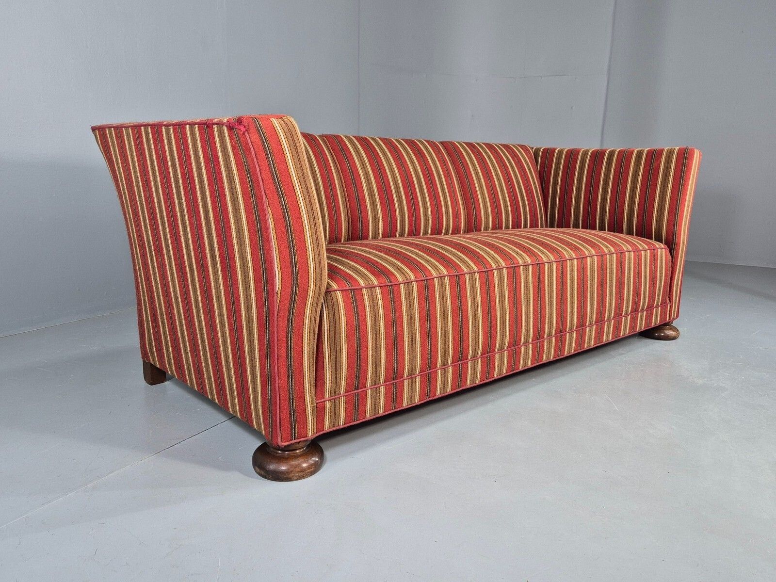 Vintage Art Deco Danish 3 Seater Sofa Red Wool Stripe Upholstery photo furniture