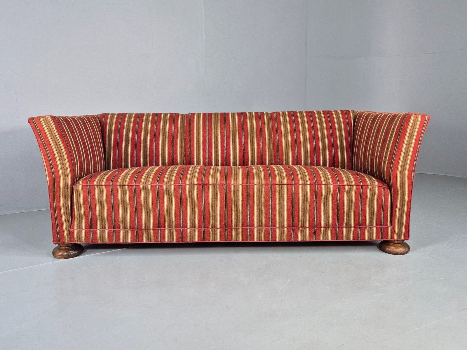 Vintage Art Deco Danish 3 Seater Sofa Red Wool Stripe Upholstery photo vinterior