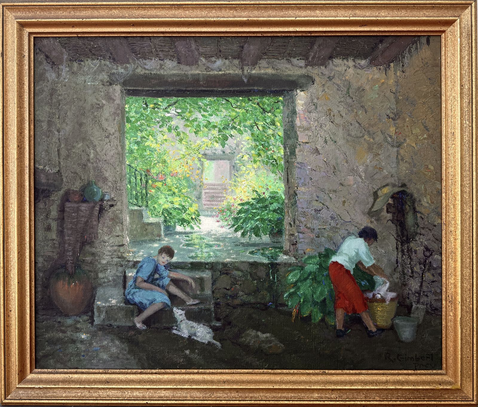 Ramón Gimbert Mediterraans Catalaans interieur met tuin, postimpressionistisch olieschilderij, Spanje ca. jaren 1940