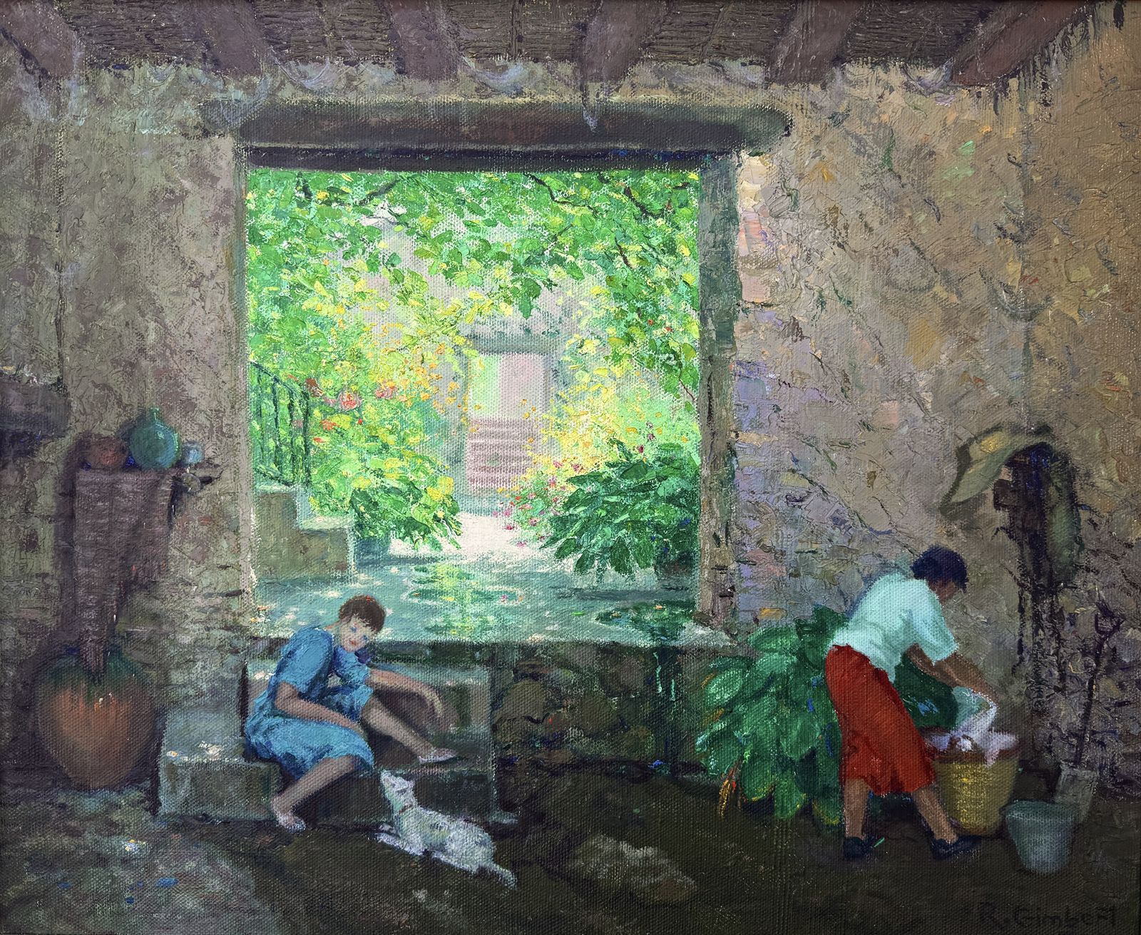 Ramón Gimbert Mediterraans Catalaans interieur met tuin, postimpressionistisch olieschilderij, Spanje ca. jaren 1940 photo furniture