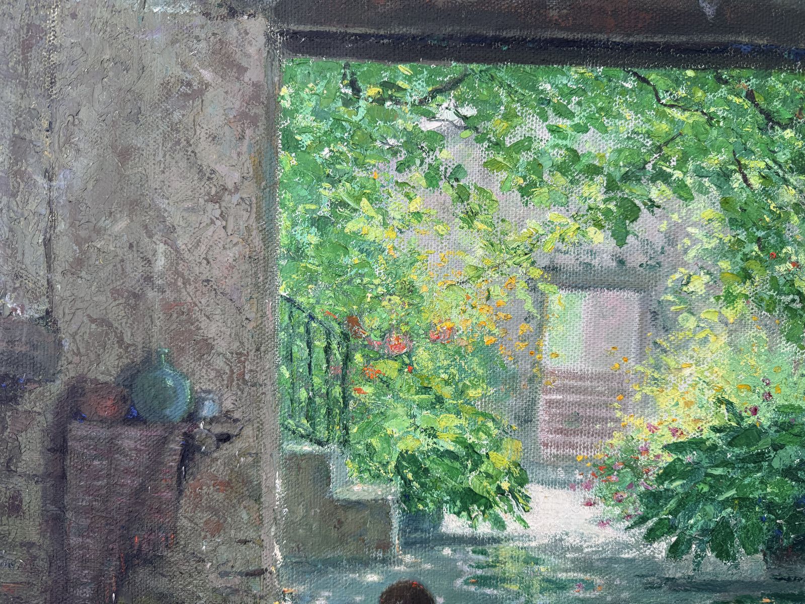 Ramón Gimbert Mediterraans Catalaans interieur met tuin, postimpressionistisch olieschilderij, Spanje ca. jaren 1940 photo buy