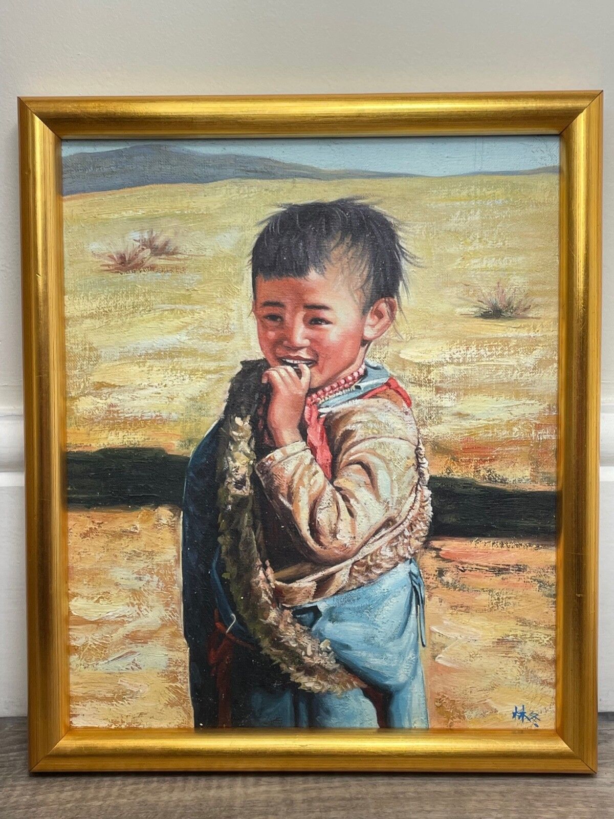Chinees hooglandportret van een kind, olieverf, gesigneerd "Shusen", mogelijk Lin Shusen, Shanghai photo Kunst