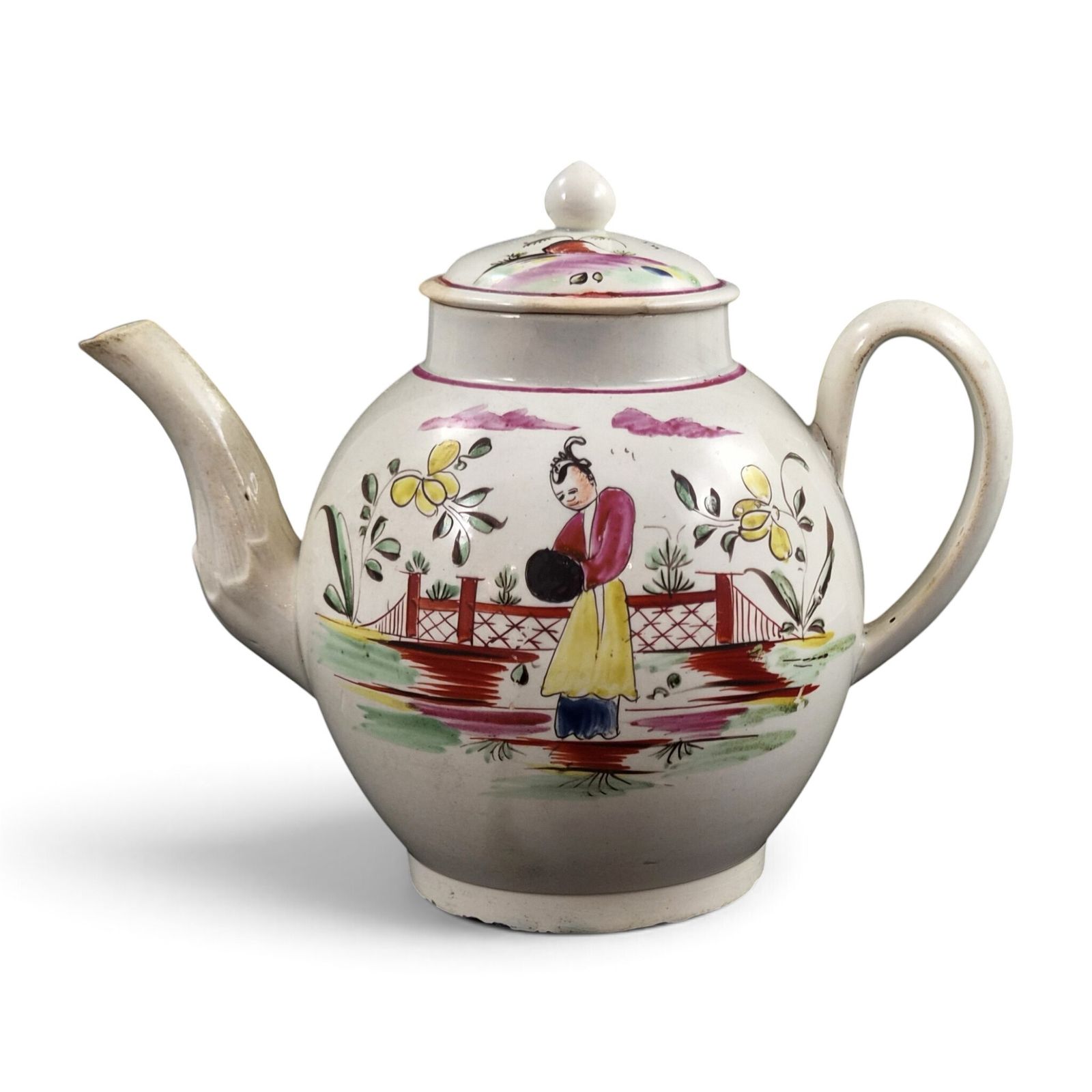 Zeldzame 18e-eeuwse chinoiserie creamware theepot, waarschijnlijk Engels