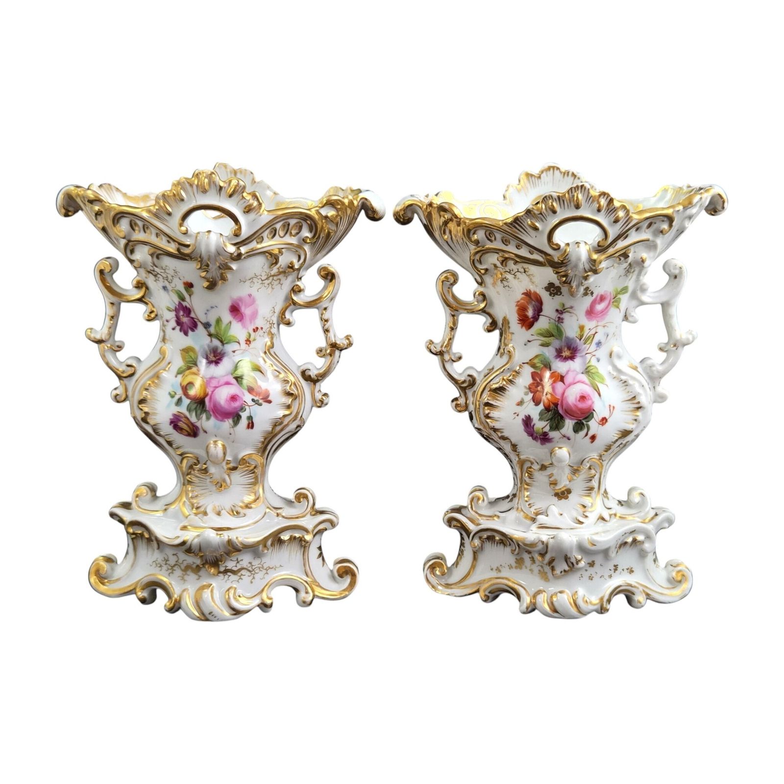 French Jacob Petit Rococo Revival Porcelain Vases, Fontainebleau, C.1840 photo for sale