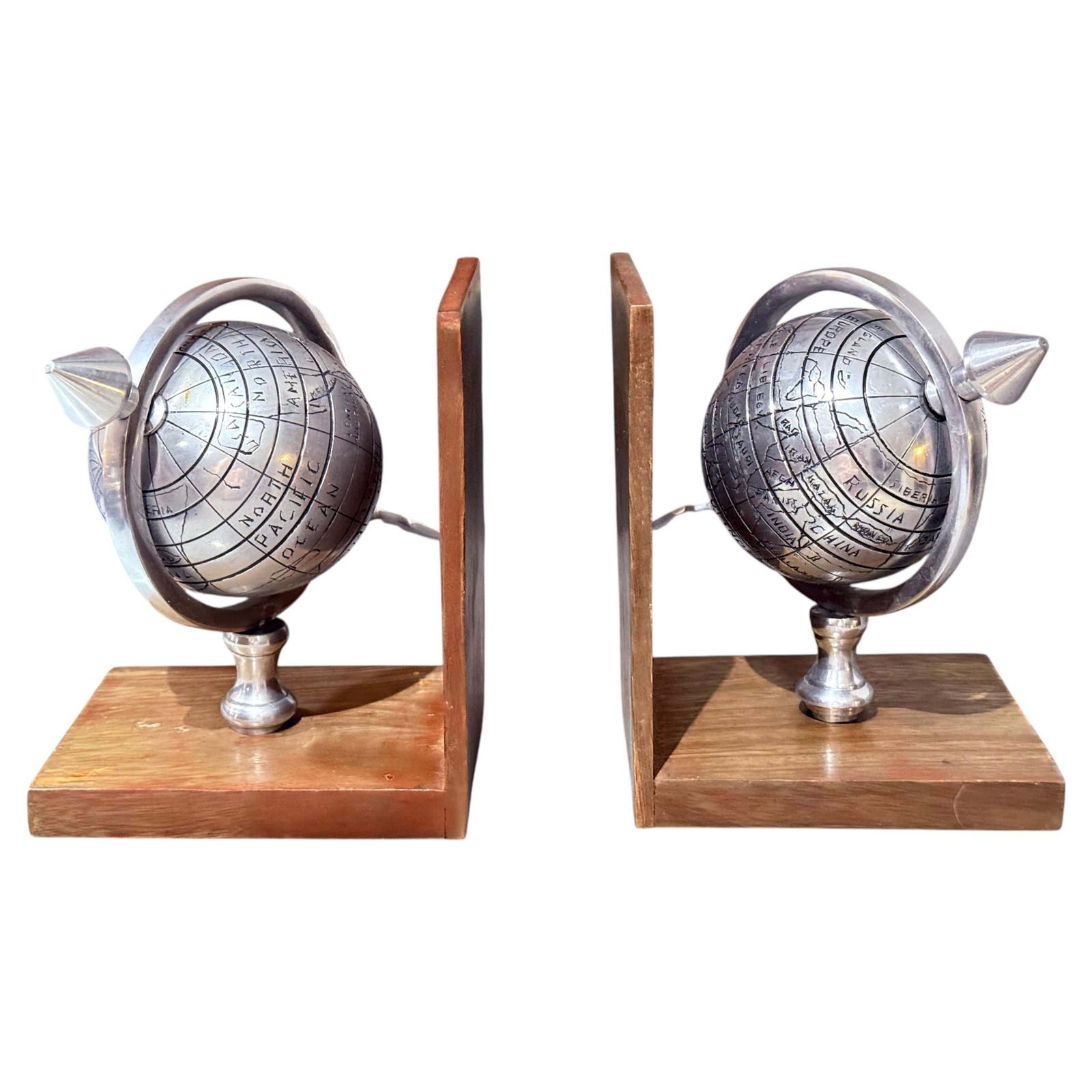 Paar Atlas Globe Boekensteun Metaal & Hout Decoratief. Luxe Boekenhouders