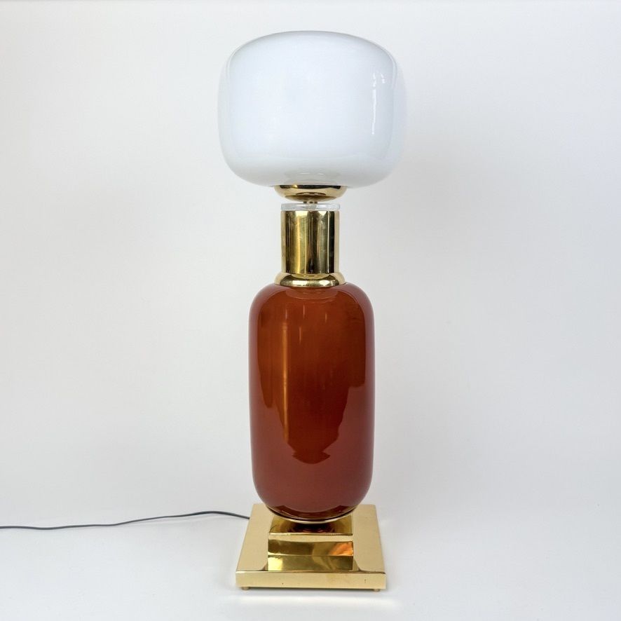 Late 20th Century Pair Of Brass And Murano Glass Tall Table Lamps photo vinterior