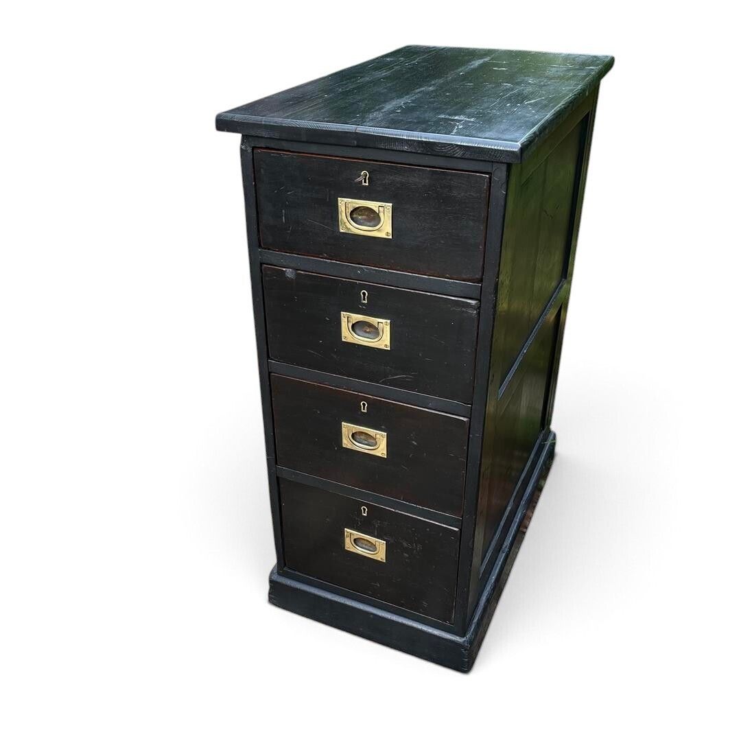Antique Wooden Tall Narrow Chest Of Drawers In Black Paint