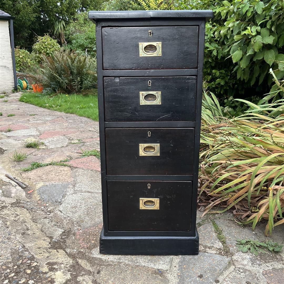 Antique Wooden Tall Narrow Chest Of Drawers In Black Paint photo for sale