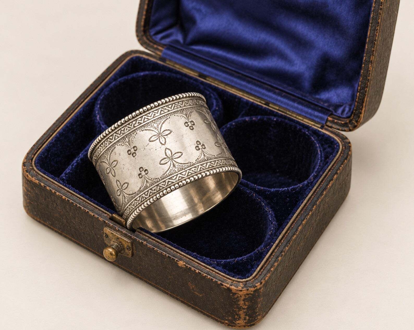 Antique English Silver Napkin Rings Set Of 6, Original Case Ornate Art Deco photo 735.0