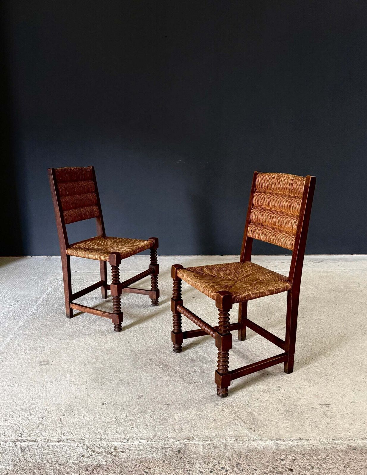 French Provincial Design Oak & Rush Dining Chairs By Charles Dudouyt, France 1940's photo for sale