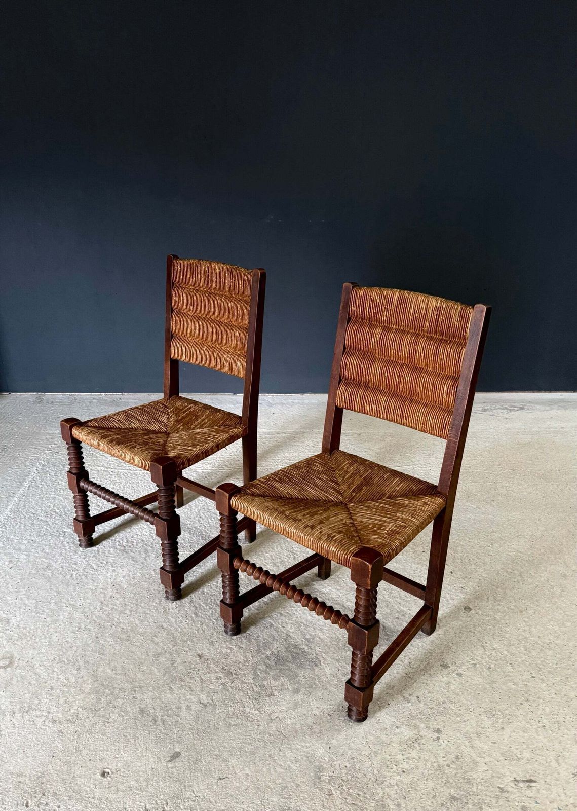 French Provincial Design Oak & Rush Dining Chairs By Charles Dudouyt, France 1940's photo Furniture