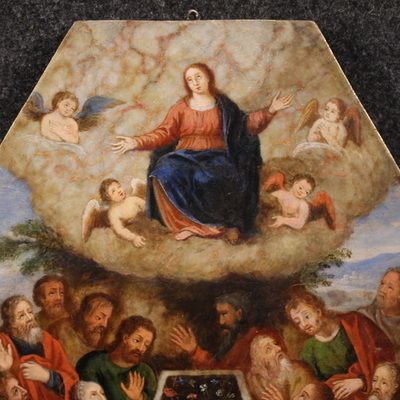 Ancient Oil Painting On Marble From The 16th Century, Assumption Of The Virgin photo vintage