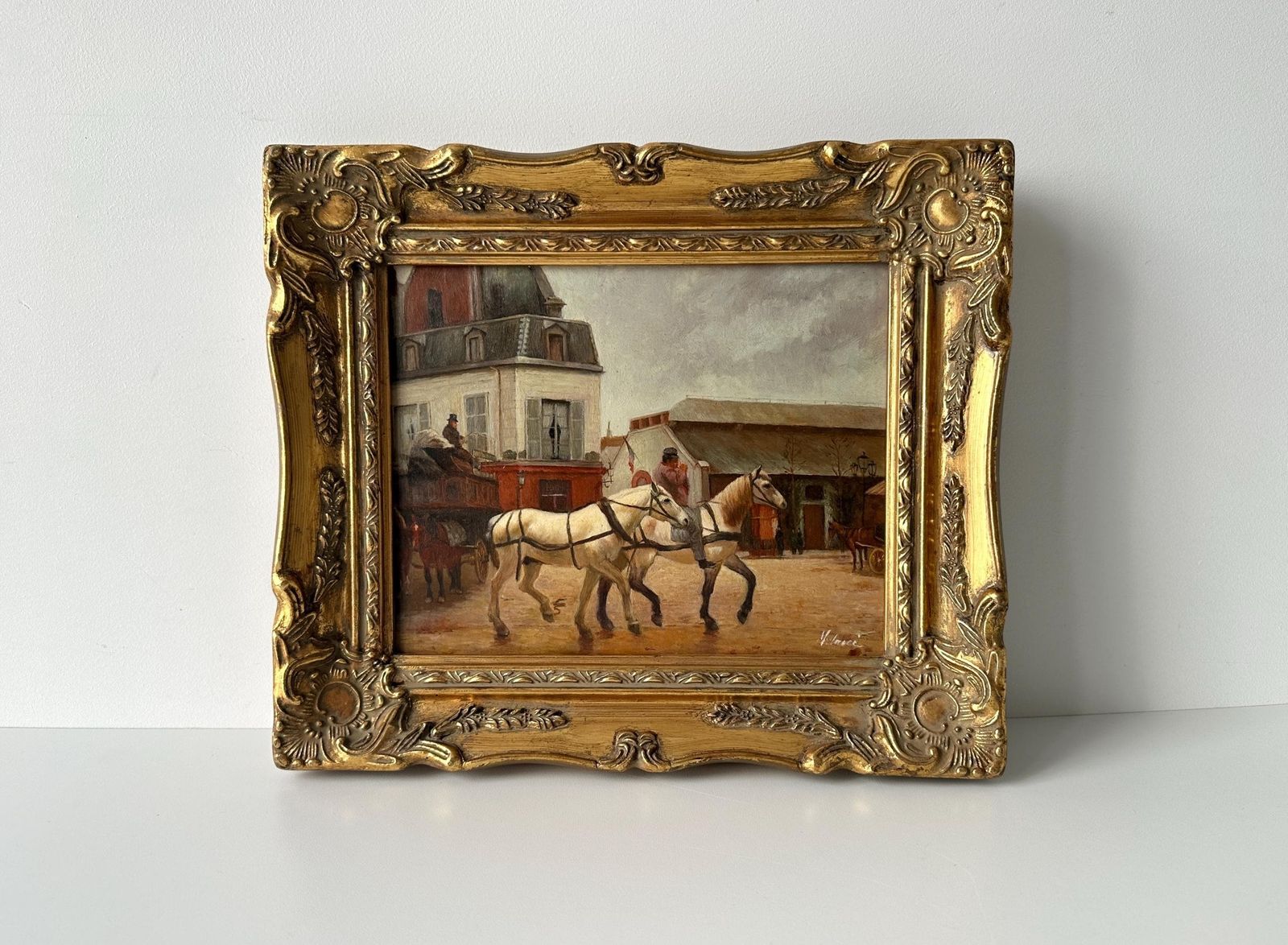 Tableau d'époque, huile sur panneau représentant des chevaux, inspiré de Grandjean « A Stagecoach Stop In Passy », scène de rue parisienne encadrée