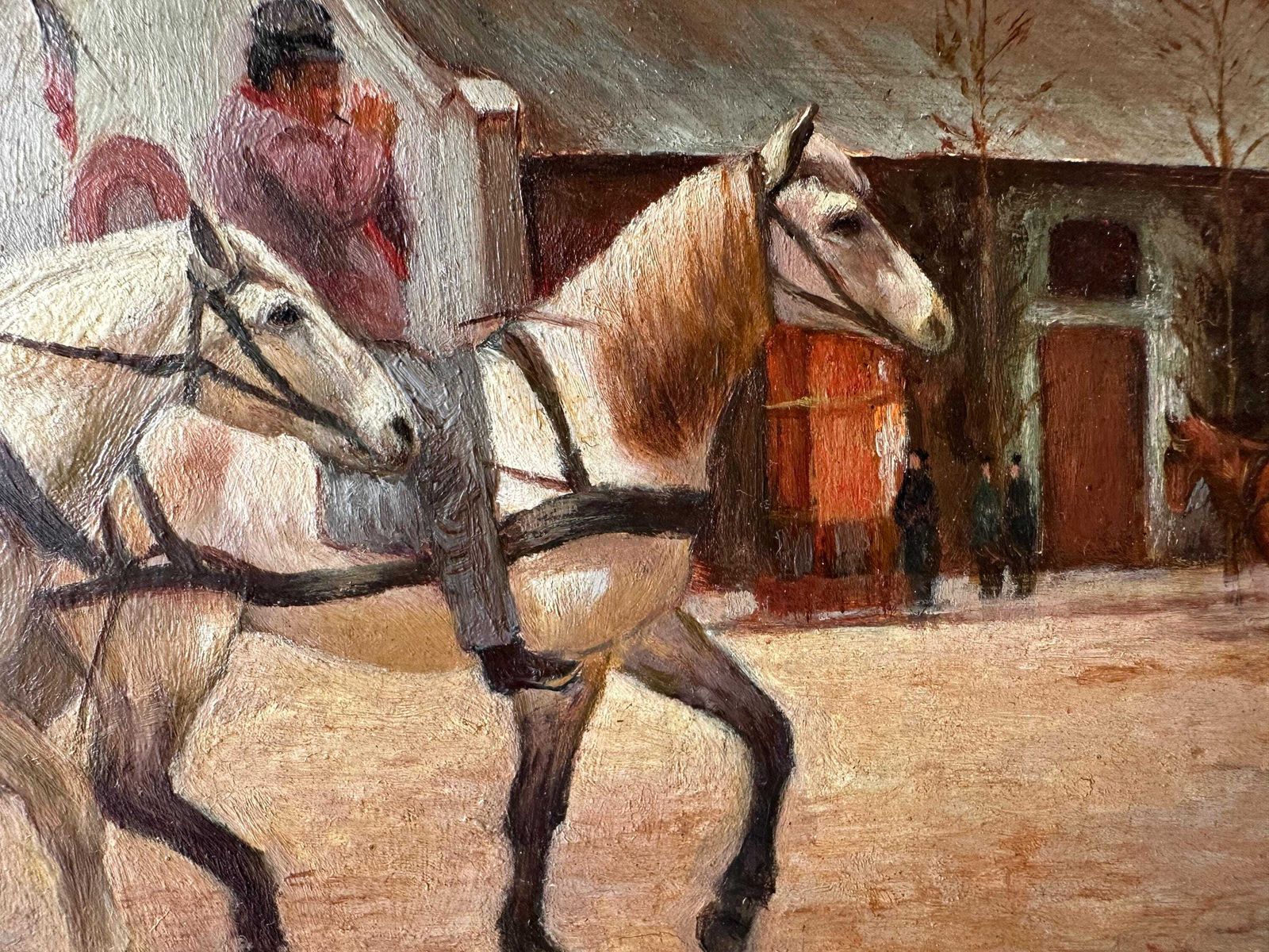 Tableau d'époque, huile sur panneau représentant des chevaux, inspiré de Grandjean « A Stagecoach Stop In Passy », scène de rue parisienne encadrée photo 403.0