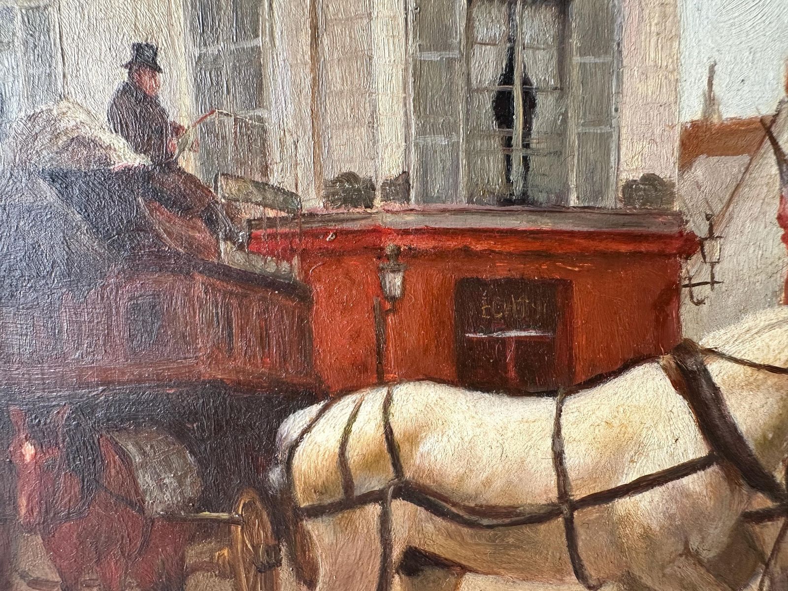 Tableau d'époque, huile sur panneau représentant des chevaux, inspiré de Grandjean « A Stagecoach Stop In Passy », scène de rue parisienne encadrée photo buy