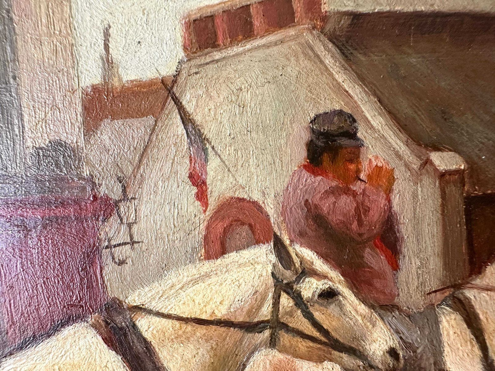 403.0 Tableau d'époque, huile sur panneau représentant des chevaux, inspiré de Grandjean « A Stagecoach Stop In Passy », scène de rue parisienne encadrée photo