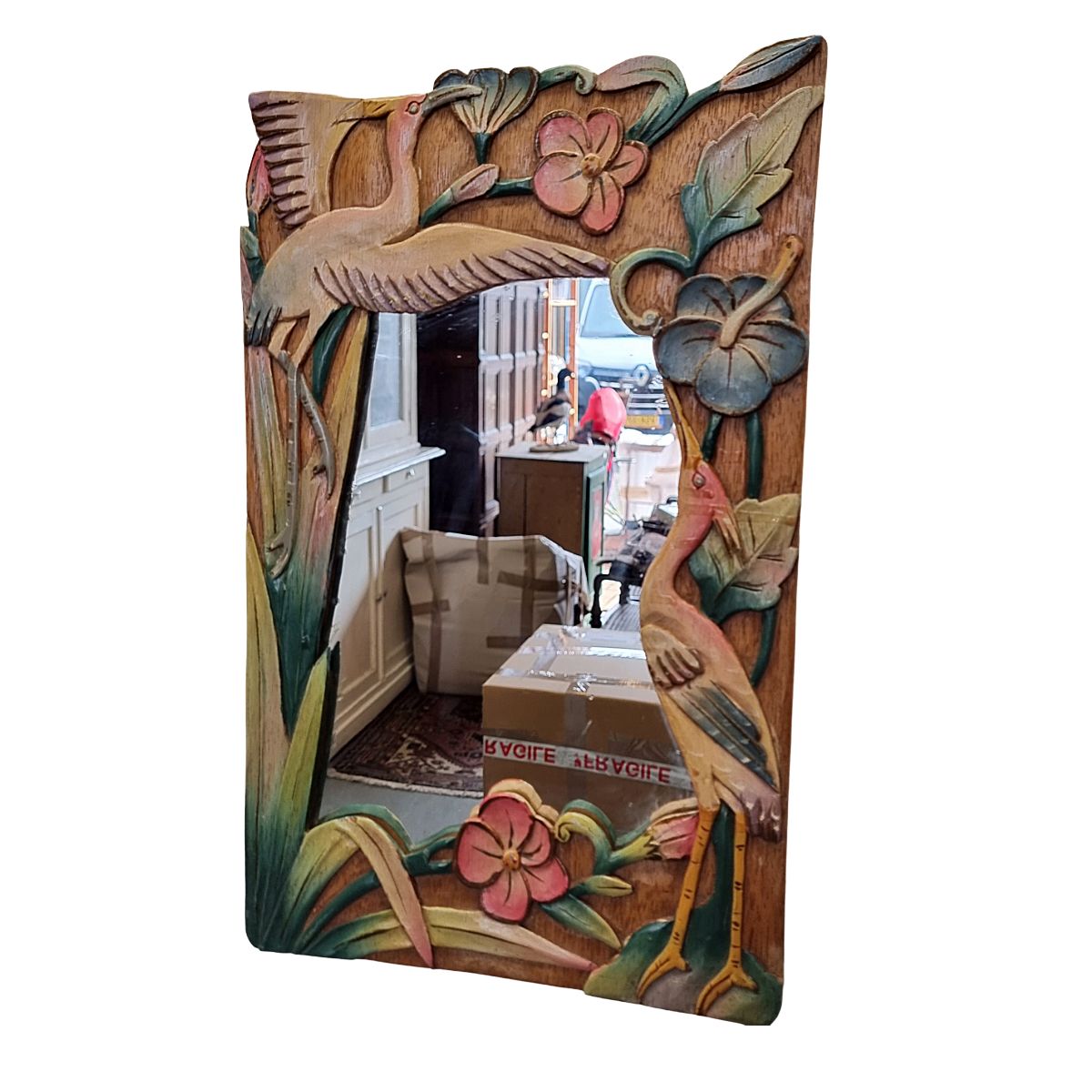 Vintage Balinese houten spiegel met reigers en bloemen