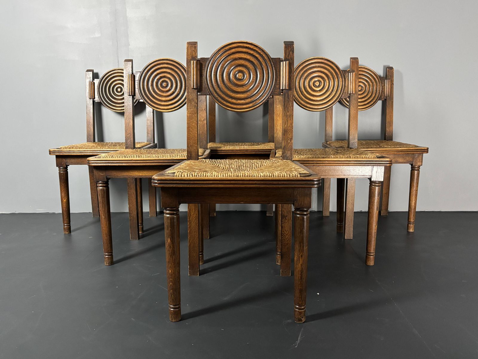 6 chaises à manger rustiques en bois, pieds tournés et assise en jonc photo for sale