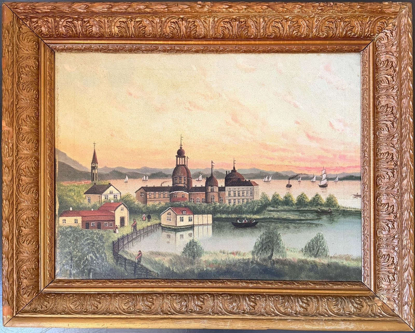 Antiek Zweeds schilderij van een waterburcht. Olieverf op doek, begin 19e eeuw.