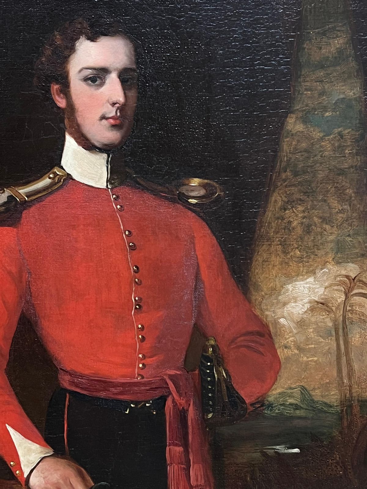 Portrait d'un officier britannique en uniforme militaire rouge, milieu du XIXe siècle - peinture à l'huile d'époque photo furniture