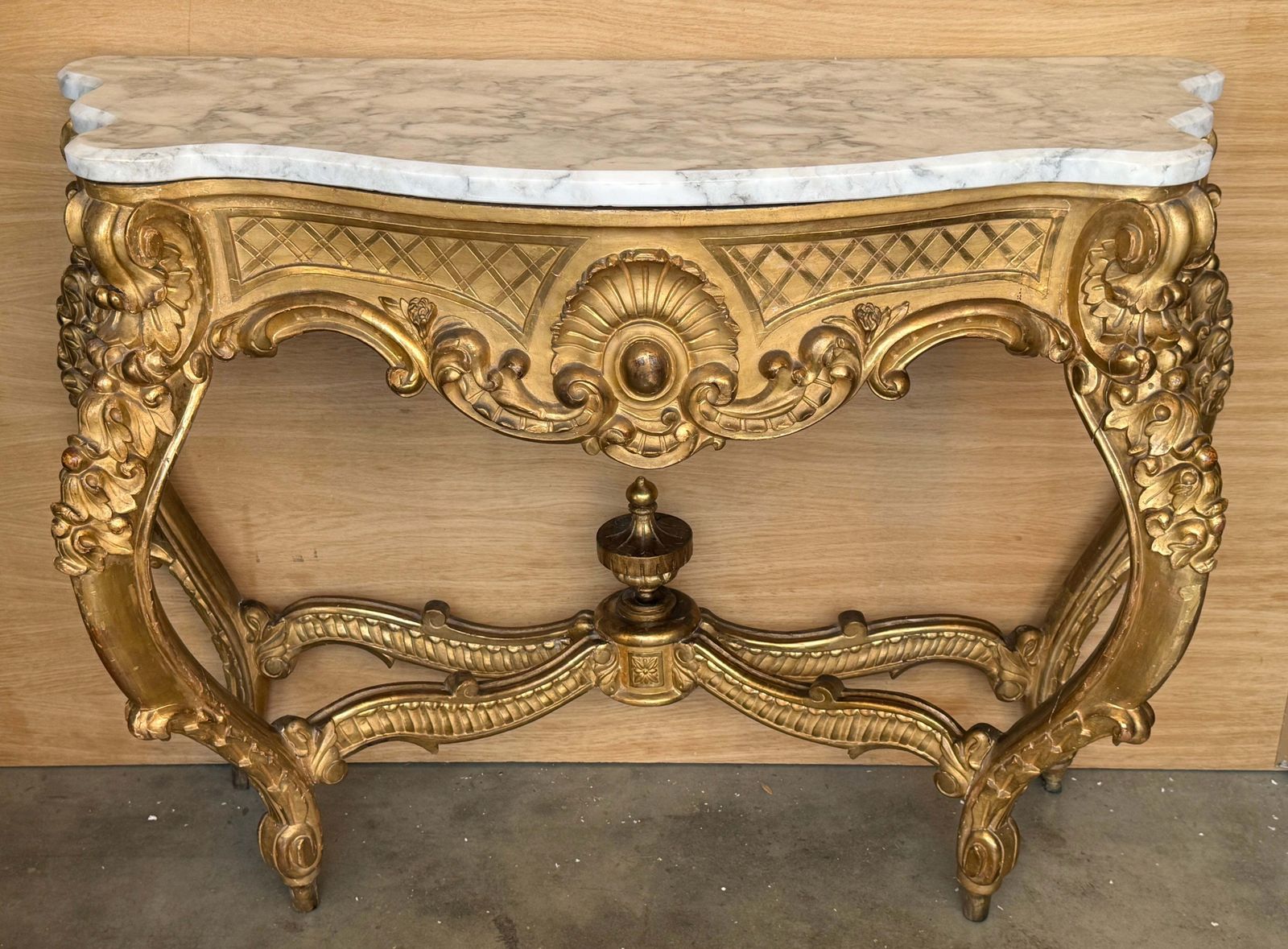 Louis XV Giltwood Console Table With Fine Gold Leaf And Shaped Marble Top photo for sale