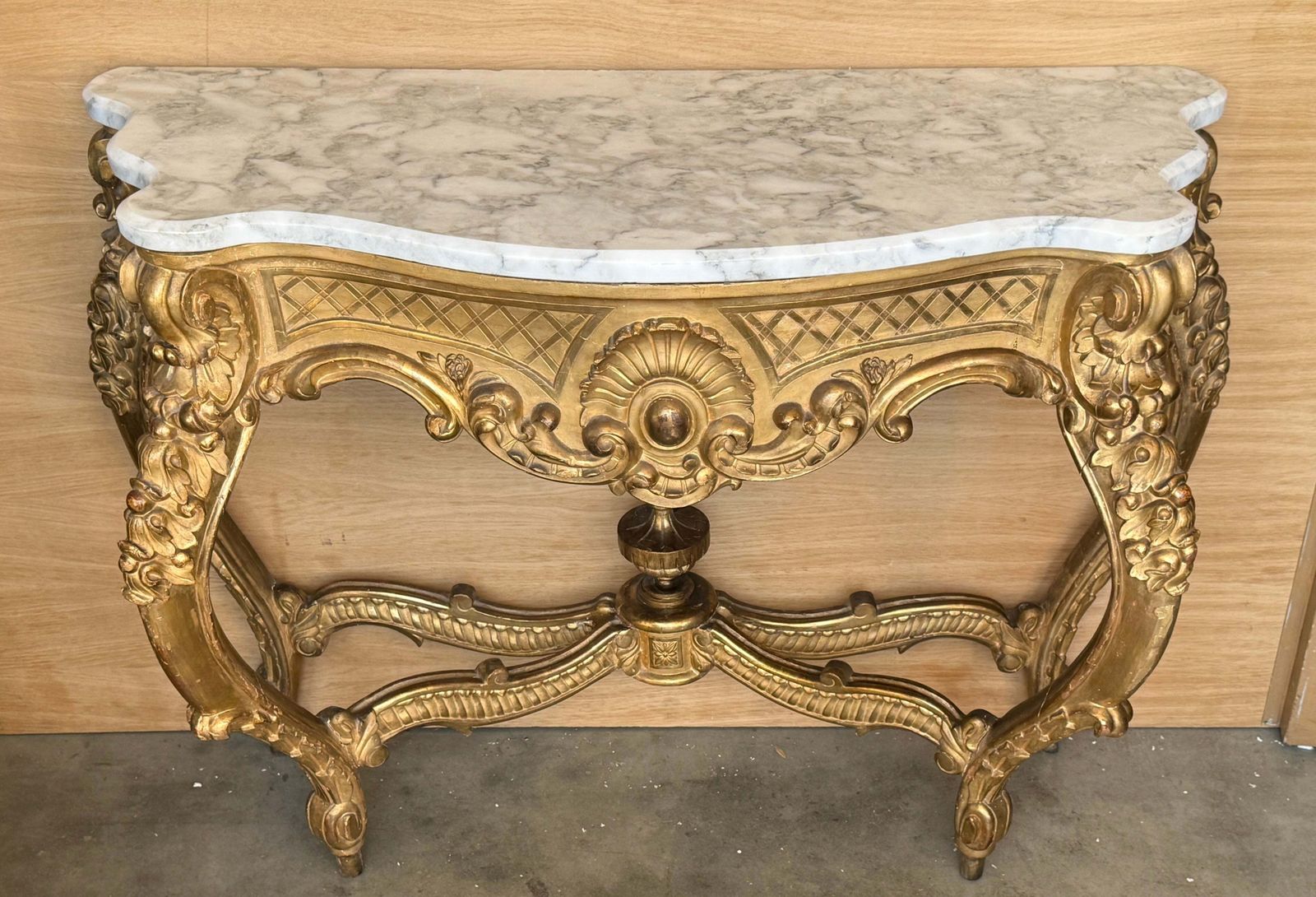 Louis XV Giltwood Console Table With Fine Gold Leaf And Shaped Marble Top photo vintage