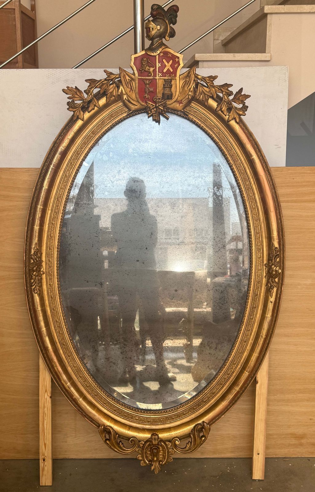 19th Century European Giltwood Oval Heraldic Mirror With Coat Of Arms photo for sale