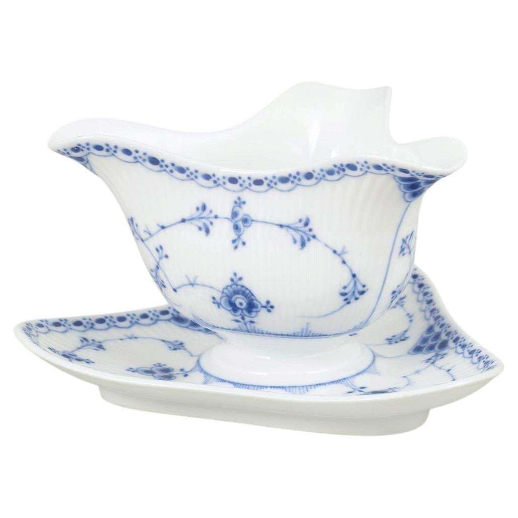 Royal Copenhagen, Blue Fluted Half Lace. Rare Tricorn Sauce Boat, 1920s