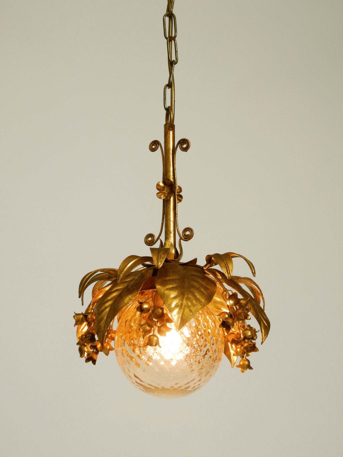 photo for sale Beautiful 1970s Gold Plated Metal Pendant Lamp With A Glass Sphere By Hans Kögl