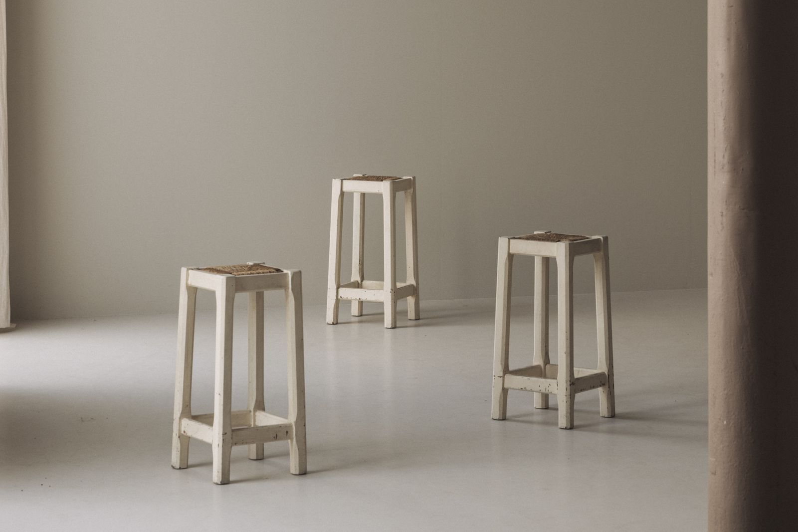 Off White Painted Oak Bar Stools With Woven Rush Seats, France 1950s