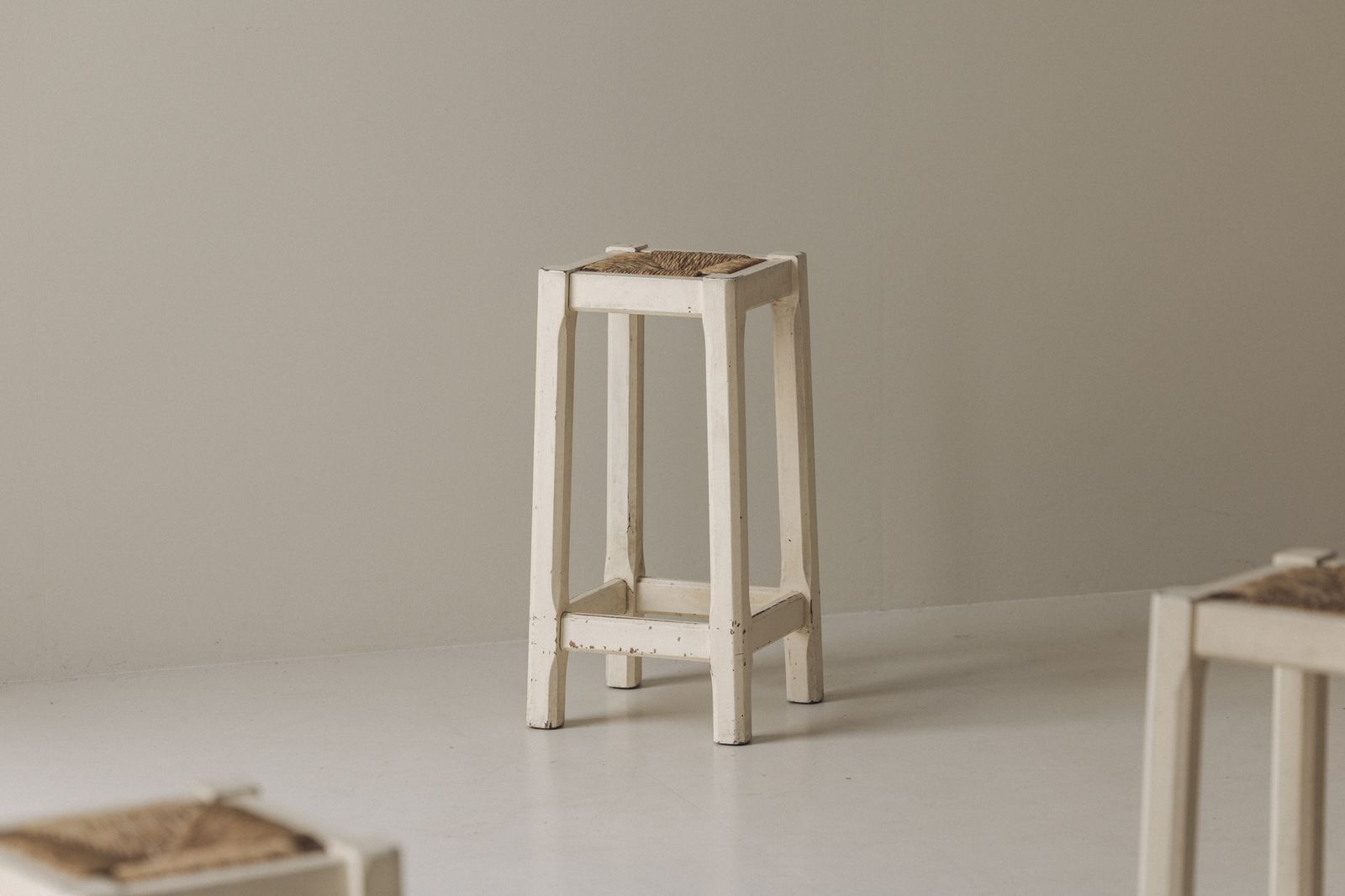 Off White Painted Oak Bar Stools With Woven Rush Seats, France 1950s photo for sale