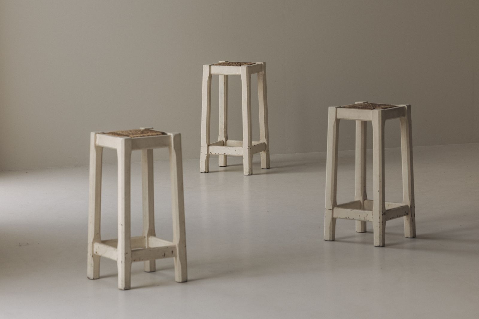 photo furniture Off White Painted Oak Bar Stools With Woven Rush Seats, France 1950s