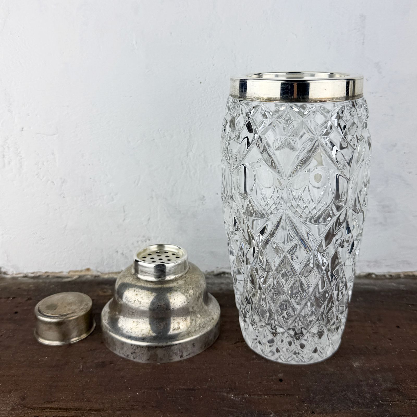 Vintage Italiaanse 800 zilver en kristal cocktailshaker, geslepen kristal barware, mid-century drankenmixer photo 310.0