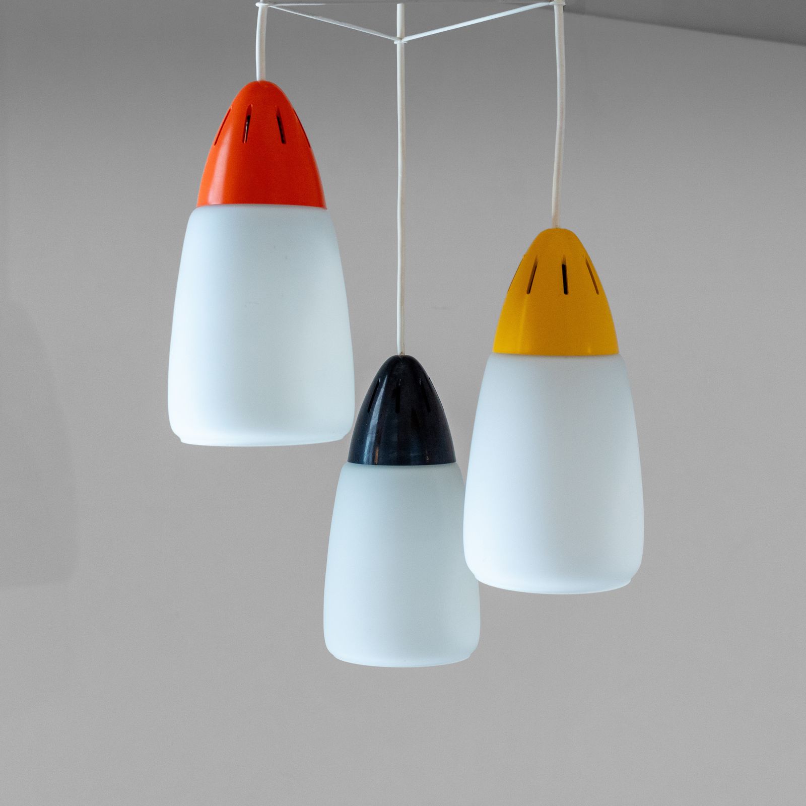 Postmodern 3 Light Chandelier In Opaline Glass And Iron, Stilnovo Style photo vinterior