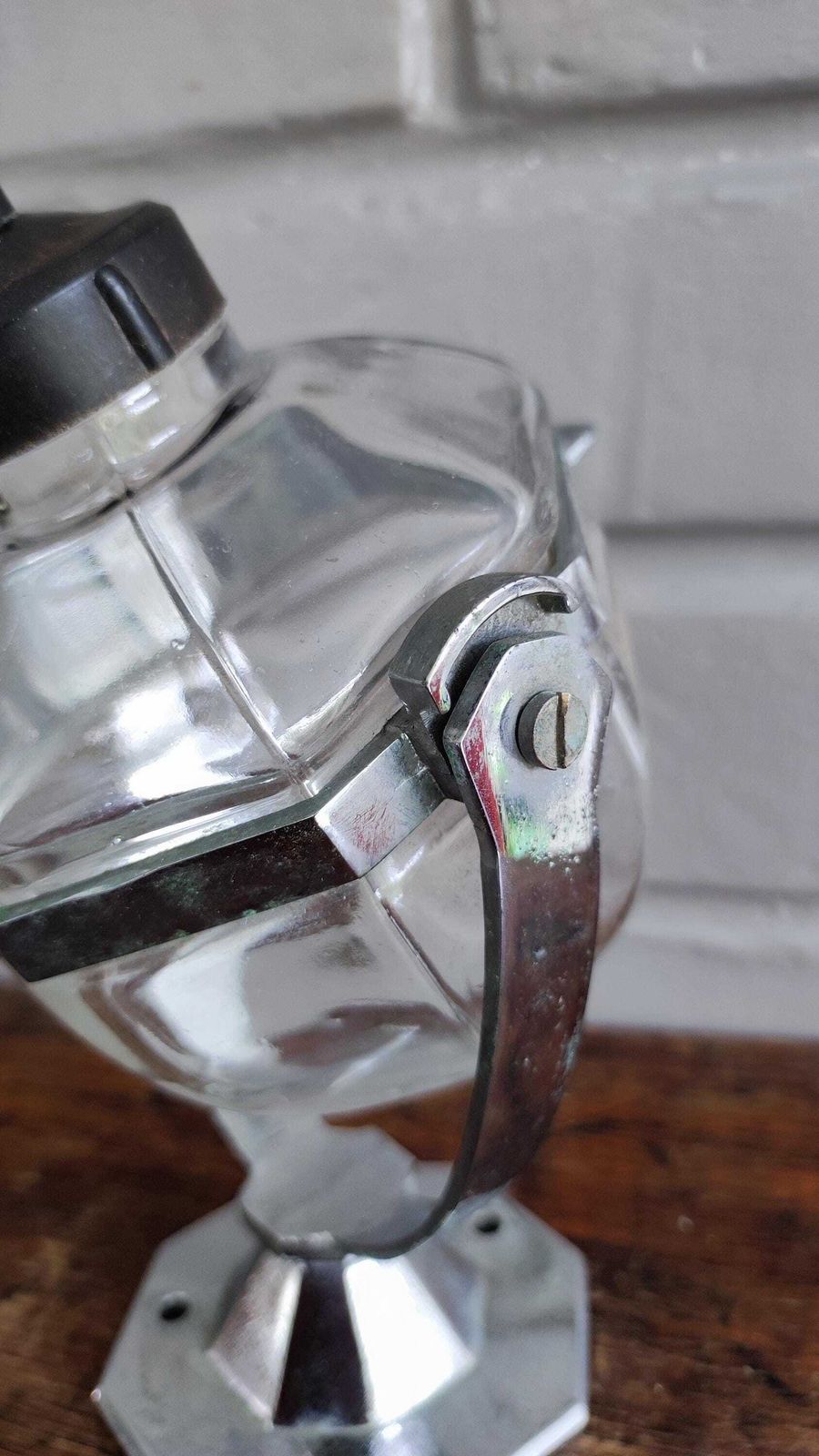 Antique French Wall Mounted Glass And Chromed Metal Soap Dispenser photo Lighting