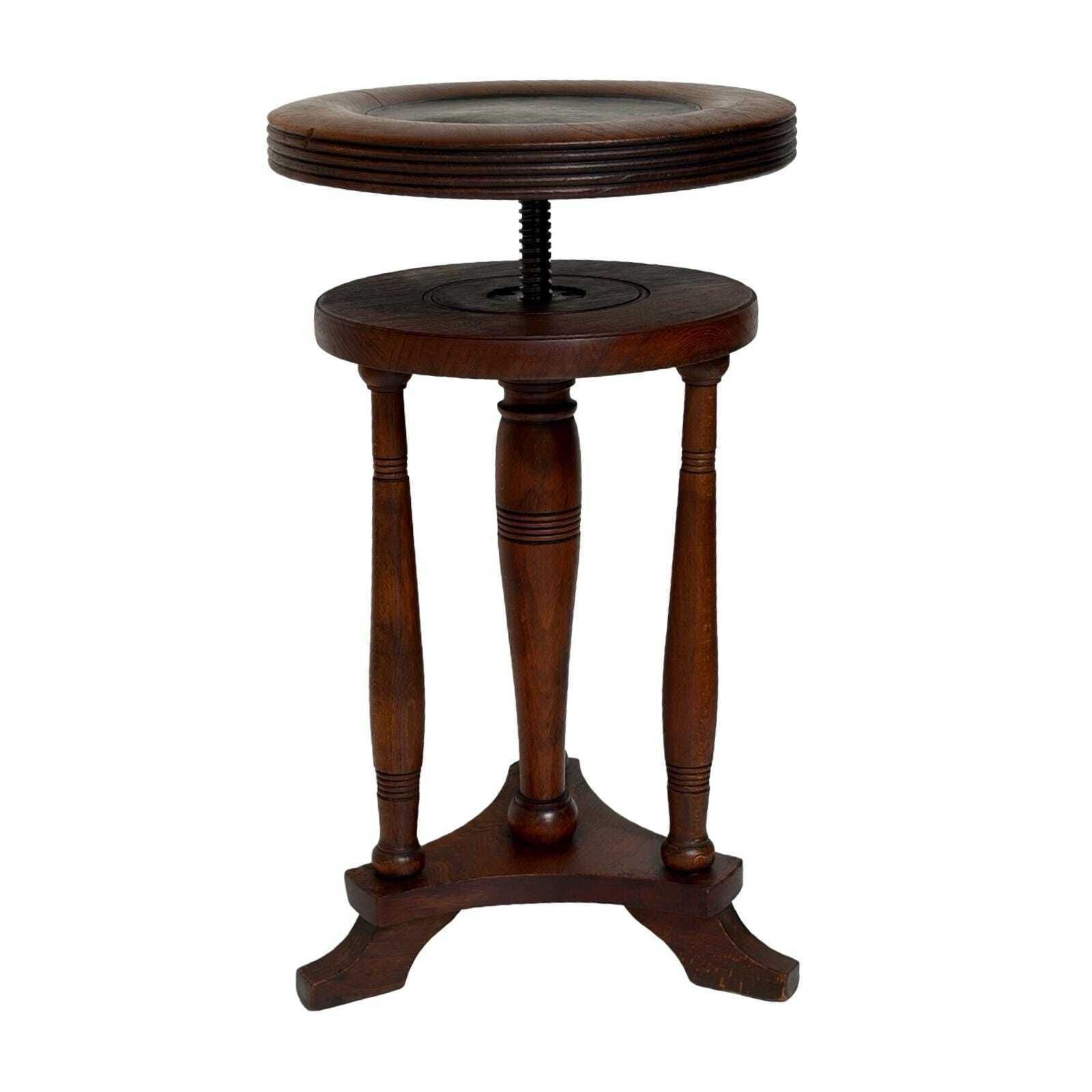 Antieke houten pianokruk, stoel op draaivoet, leren zitting photo furniture