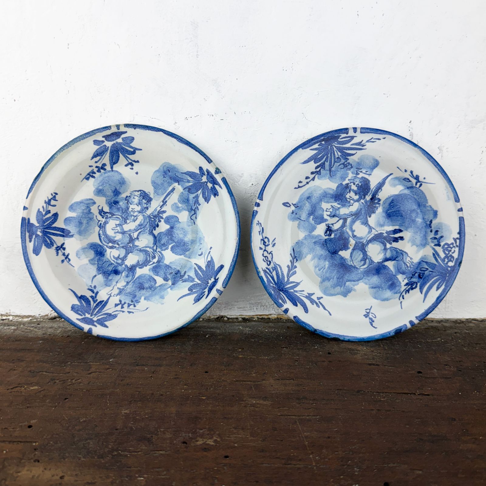 Pair Of Antique Albisola Hand Painted Ceramic Plates By Giuseppe Mazzotti, White And Blue Maiolica Cherub Plates photo furniture
