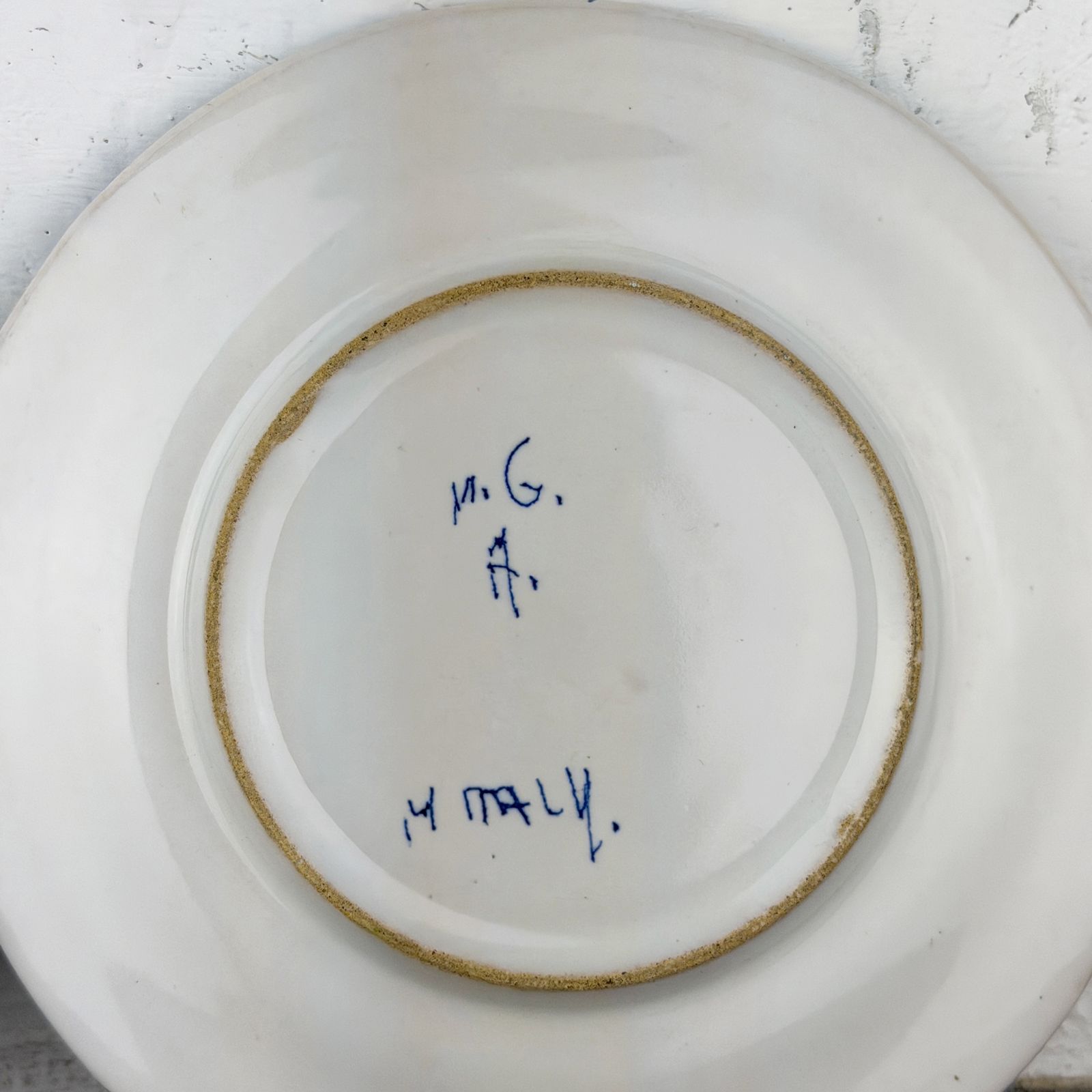 photo for sale Pair Of Antique Albisola Hand Painted Ceramic Plates By Giuseppe Mazzotti, White And Blue Maiolica Cherub Plates