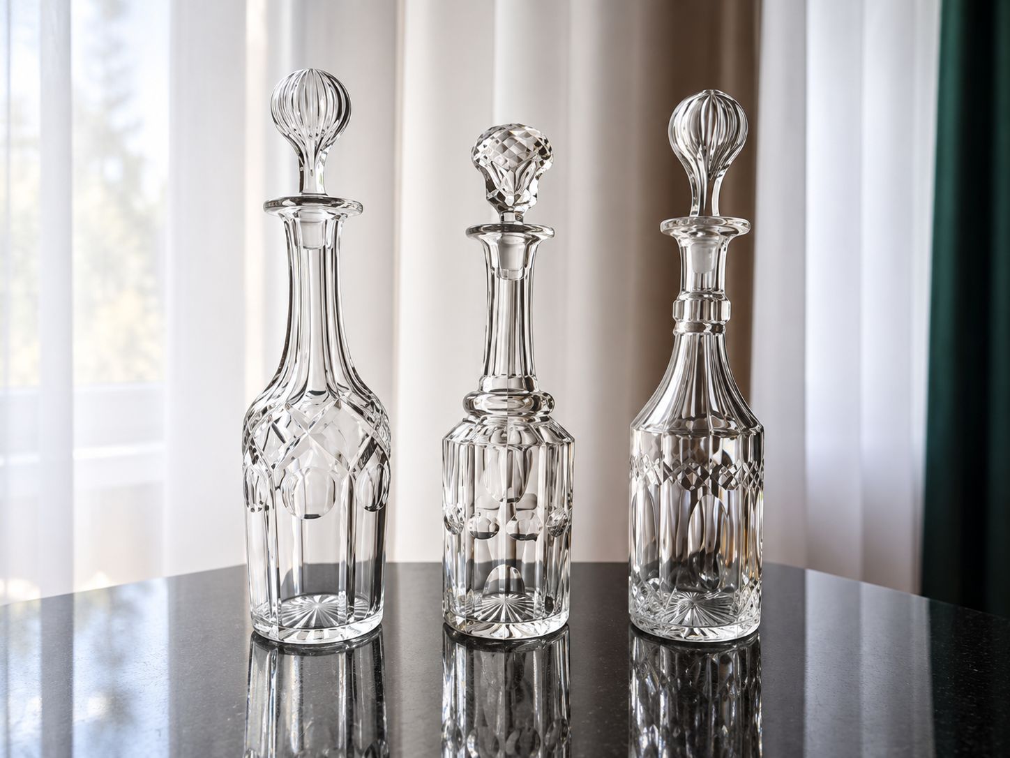 Laat-Victoriaans tantalusrek met drie geslepen glazen karaffen in verzilverd frame, ca. 1890-1910