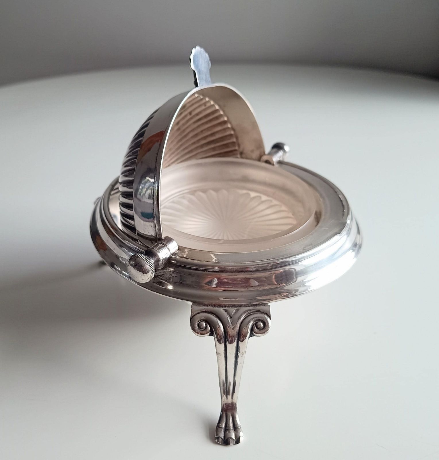 Vintage English Silver Plated Rollover Domed Caviar Presentoire, Footed Butter Dish photo for sale