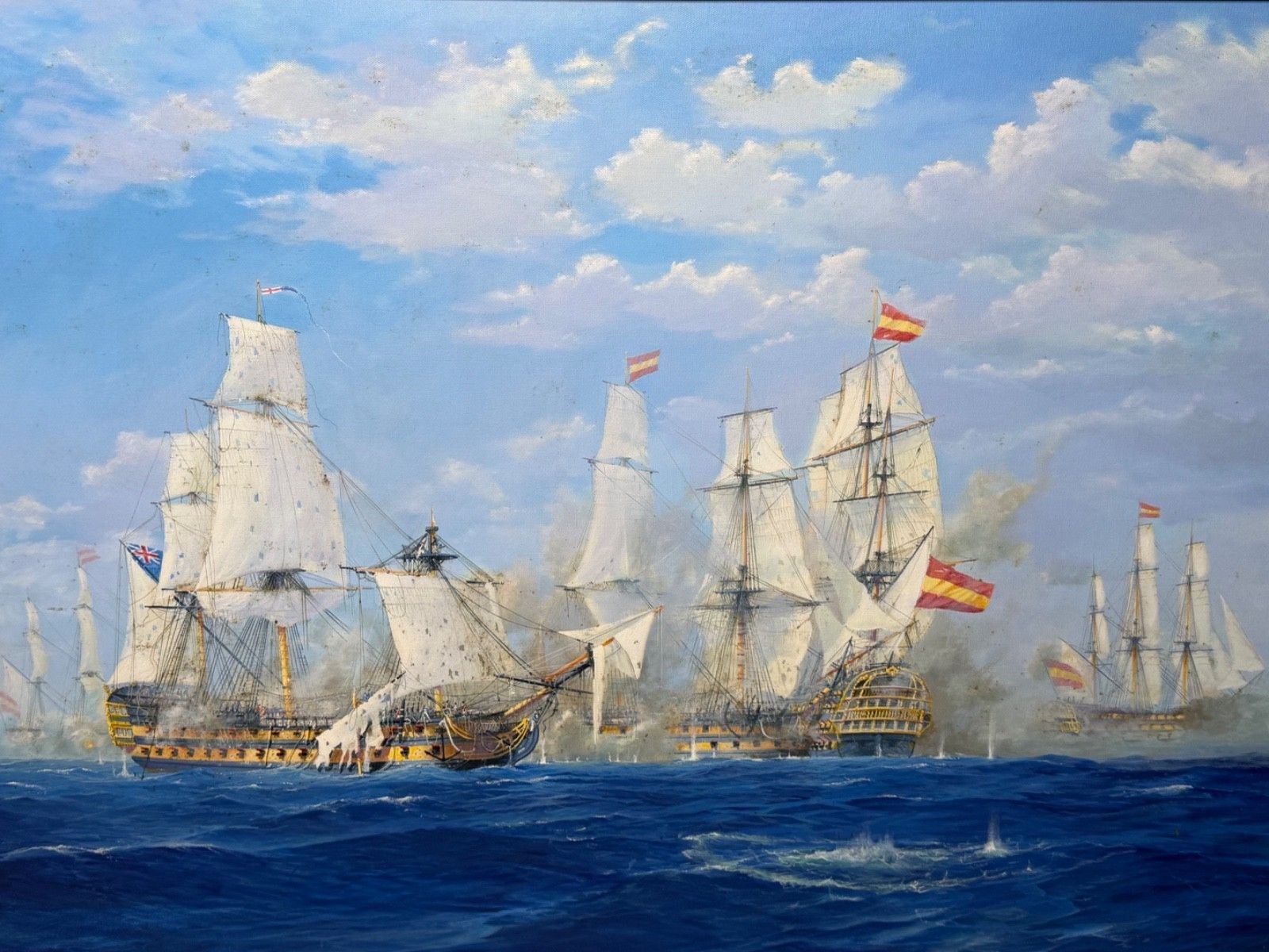 Maritiem Olieverfschilderij Slag bij St. Vincent Nelson's Patent Bridge, gesigneerd Graham Jowett-Ive photo furniture
