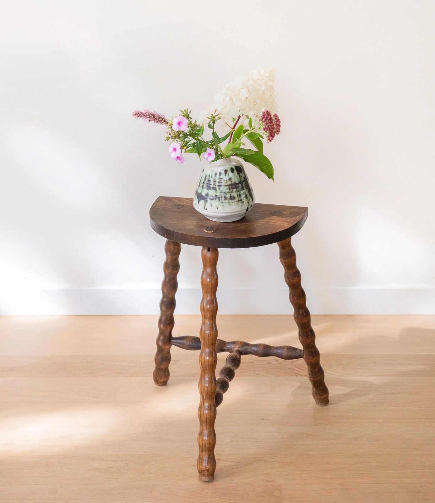 Vintage Wooden Milking Stool With Turned Bobbin Legs  French Rustic Farmhouse Plant Stand photo for sale